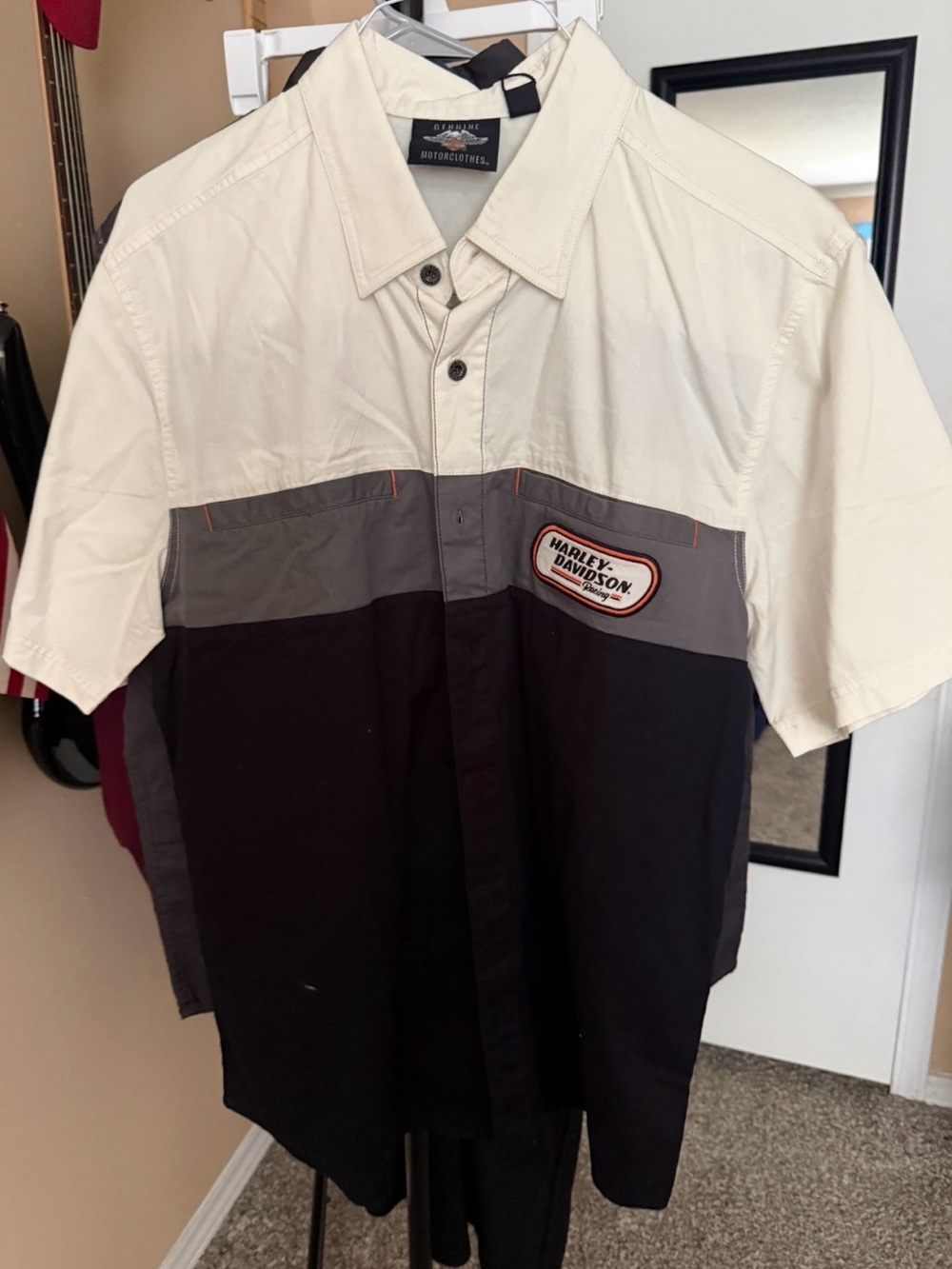 Harley Davidson Men's Short Sleeve Button-Down Shirt — Cream, Gray & Black